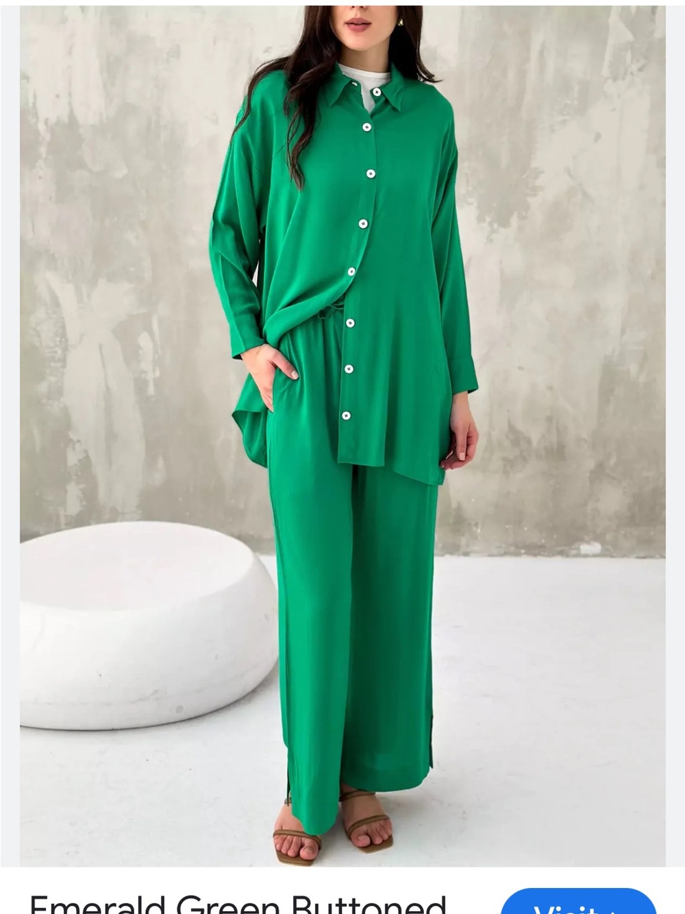 Emerald Green Wide Leg Pants - Elegant Buttoned Set